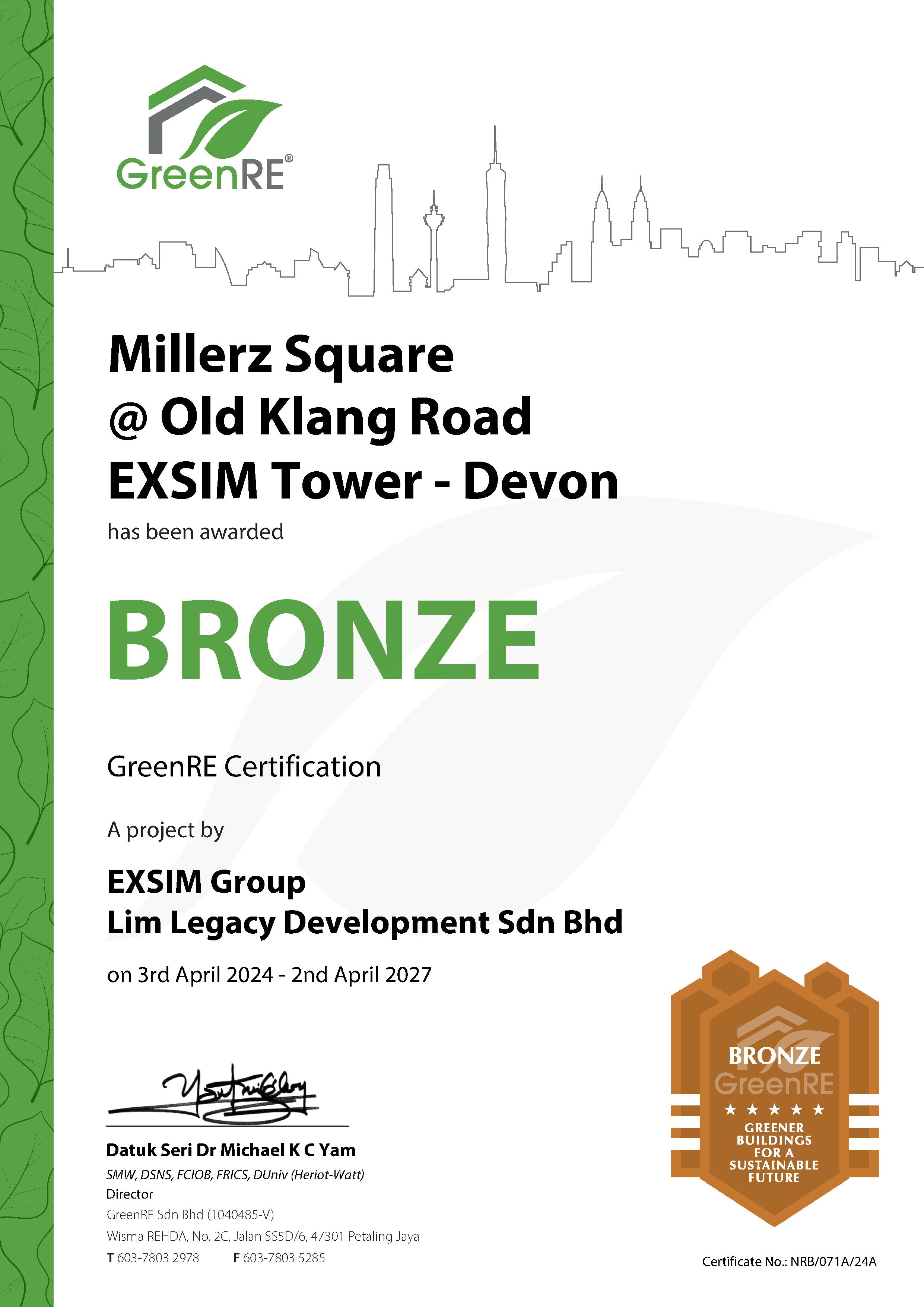 MILLERZ SQUARE @ OLD KLANG ROAD (EXSIM TOWER - DEVON) Has Been Awarded Bronze GreenRE Certification