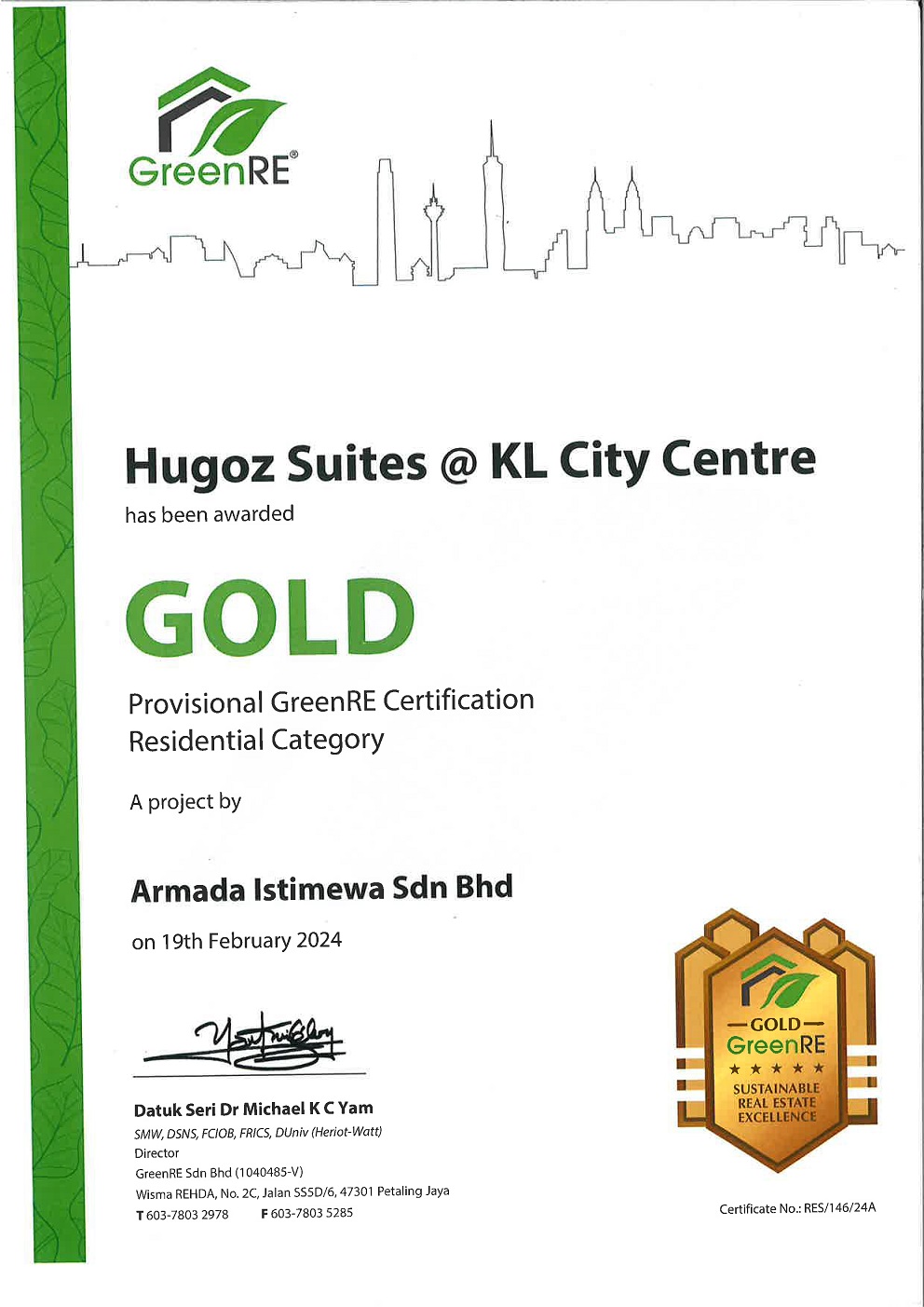 HUGOZ SUITES @ KL CITY CENTRE Has Been Awarded Gold GreenRE Certification