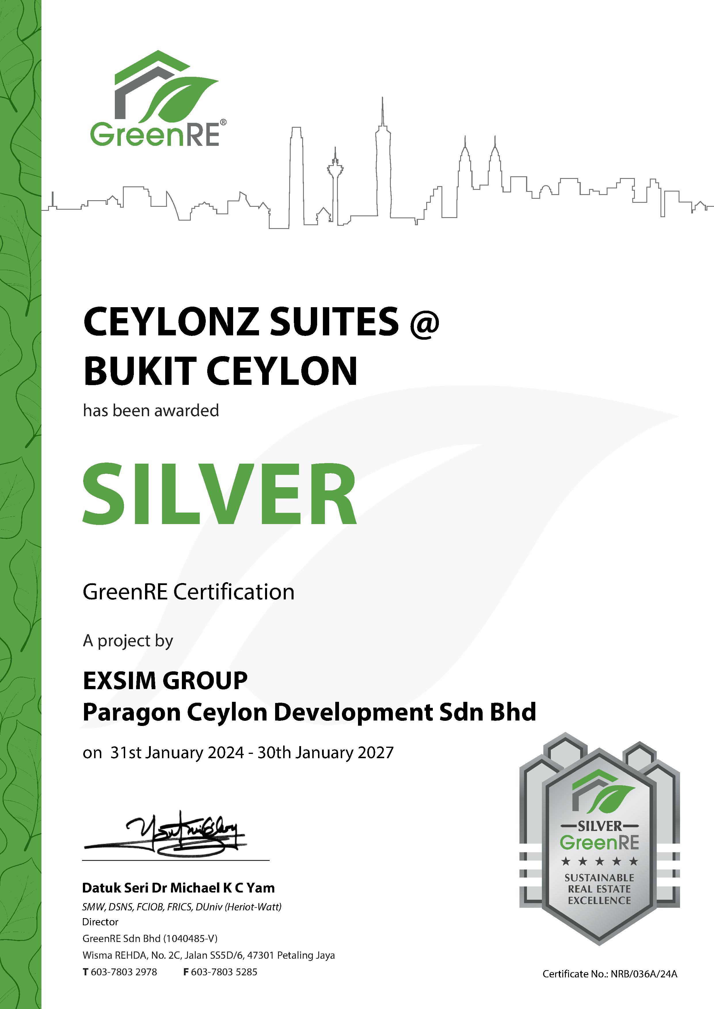 CEYLONZ SUITES @ BUKIT CEYLON Has Been Awarded Silver GreenRE Certification