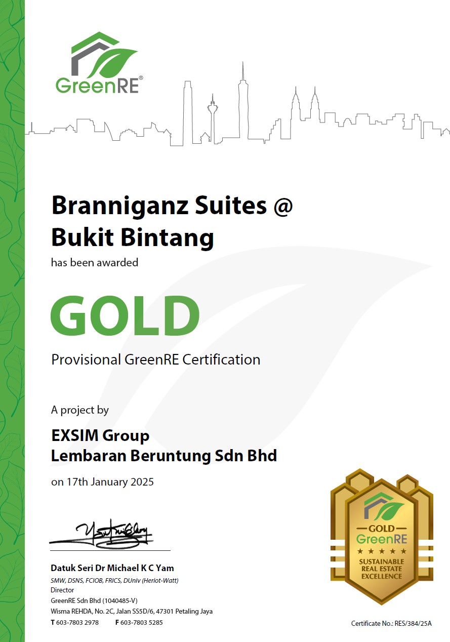 BRANNIGANZ SUITES @ BUKIT BINTANG Has Been Awarded Gold Provisional GreenRE Certification