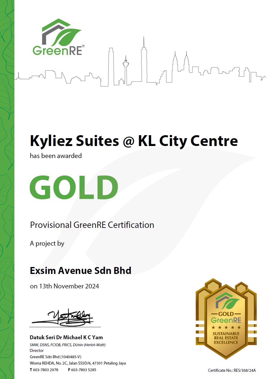 KYLIEZ SUITES @ KL CITY CENTRE Has Been Awarded Gold Provisional GreenRE Certification