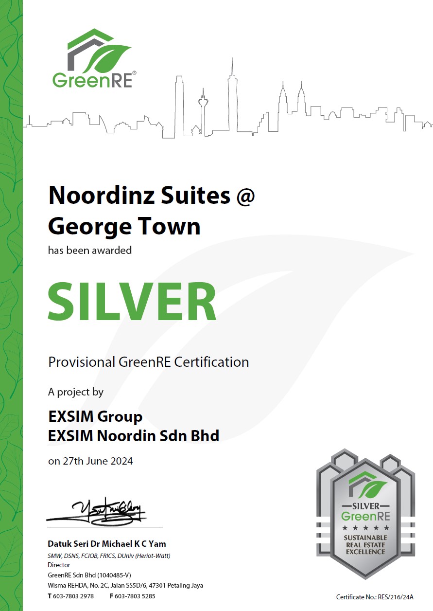 NOORDINZ SUITES @ GEORGE TOWN Has Been Awarded Silver Provisional GreenRE Certification