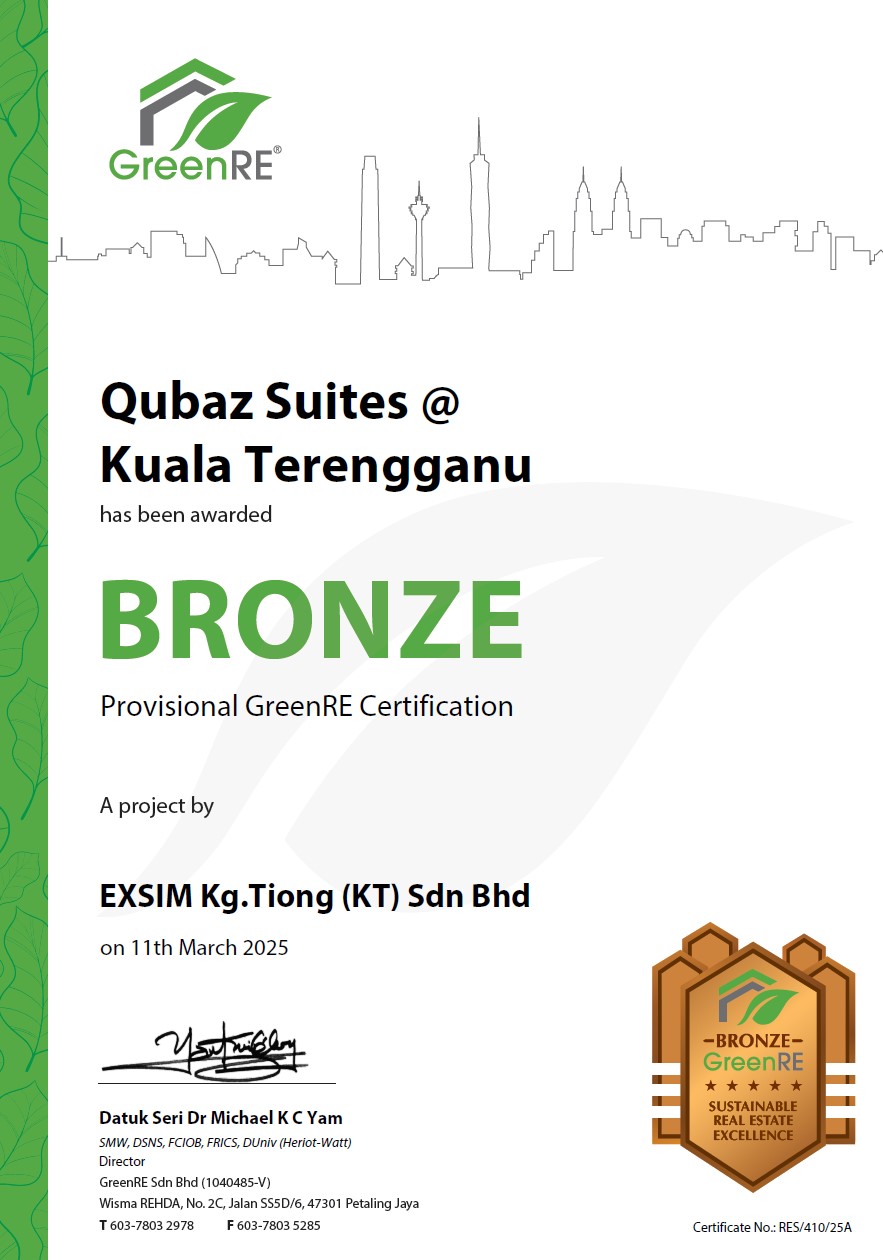 QUBAZ SUITES @ KUALA TERENGGANU Has Been Awarded Bronze Provisional GreenRE Certification