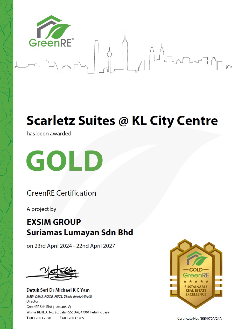 SCARLETZ SUITES @ KL CITY CENTRE Has Been Awarded Gold GreenRE Certification