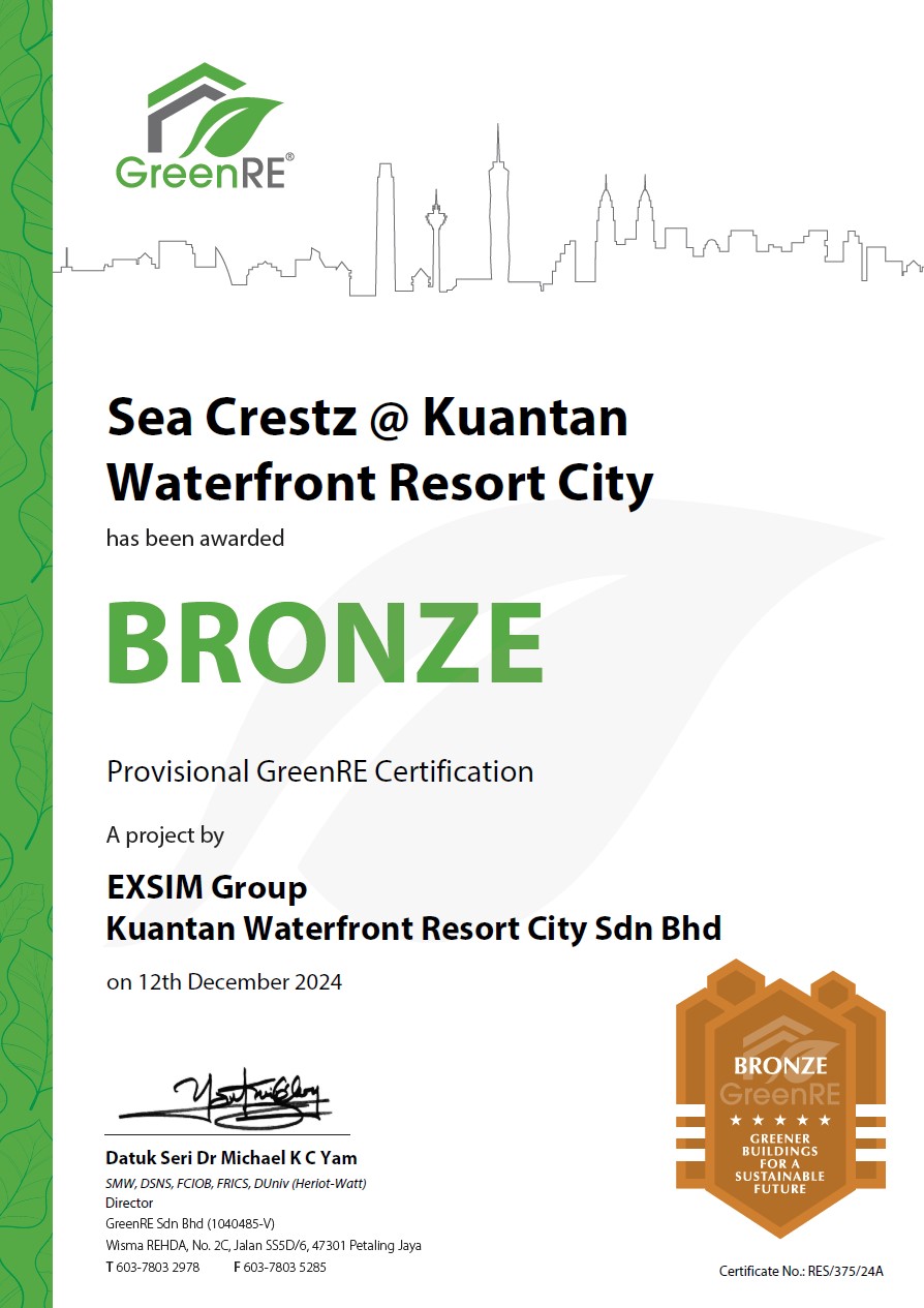 SEA CRESTZ @ KUANTAN WATERFRONT RESORT CITY Has Been Awarded Bronze Provisional GreenRE Certification