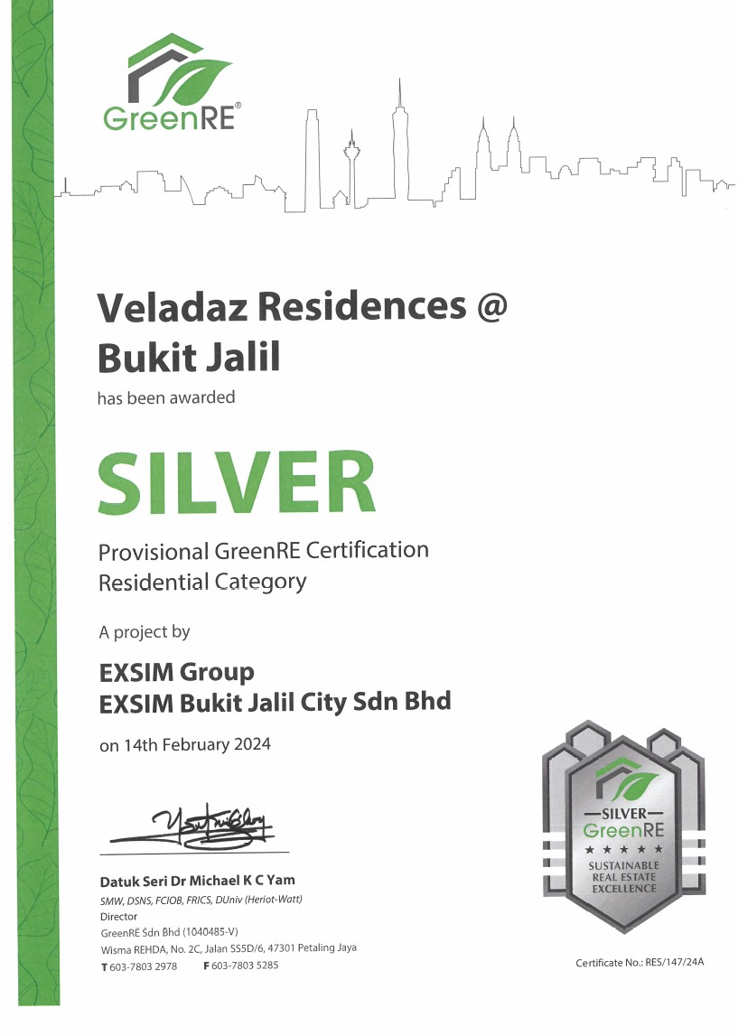 VELADAZ RESIDENCES @ BUKIT JALIL Has Been Awarded Silver Provisional GreenRE Certification