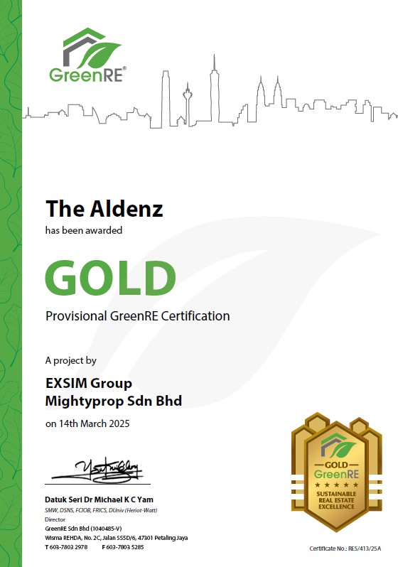 THE ALDENZ Has Been Awarded Gold Provisional GreenRE Certification 