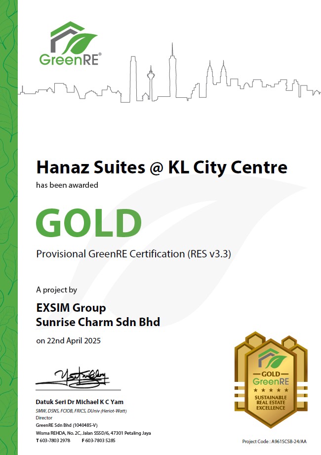 HANAZ SUITES @ KL CITY CENTRE Has Been Awarded Gold Provisional GreenRE Certification