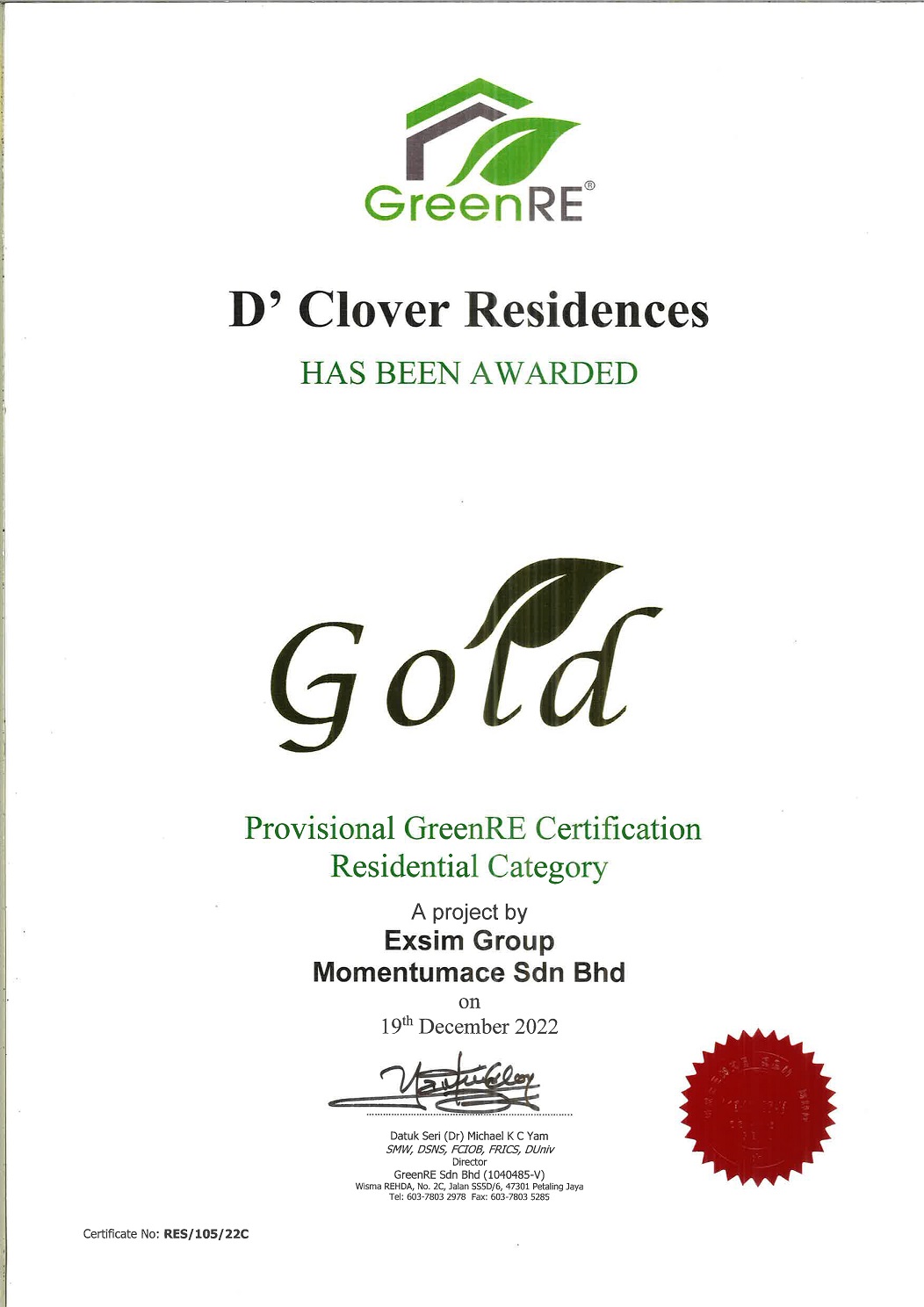 DClover-Gold-GreenRe-Certificate